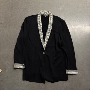 St John Evening Marie Gray Black Knit Blazer Sequin Trim Shawl Collar Size 16